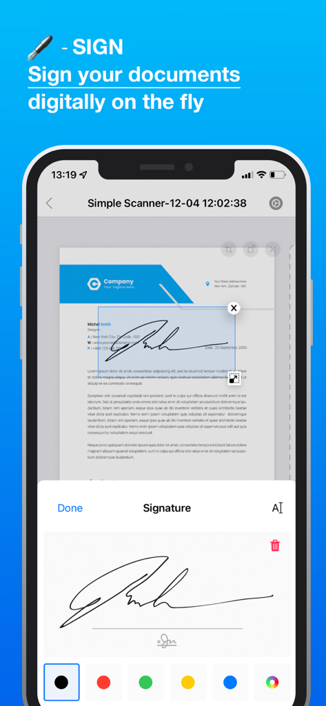 Simple Scanner: Fast Converter - A mobile interface of Simple Scanner showing the digital signature tool being used to sign a business document.