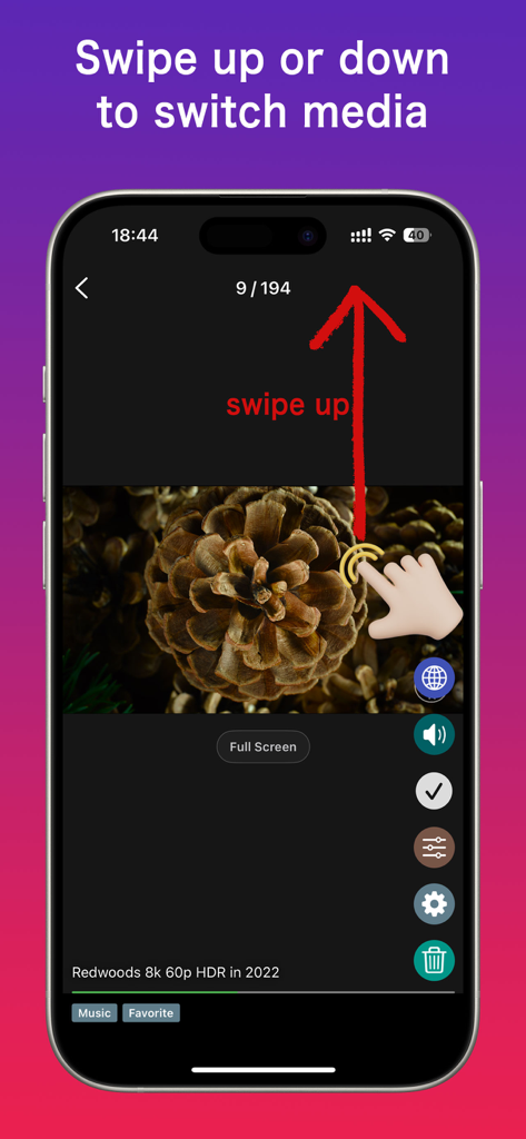 Ein Screenshot von Media Pro Video Player, der die Swipe-Up-Geste zum Wechseln zwischen Mediendateien auf einem iPhone zeigt