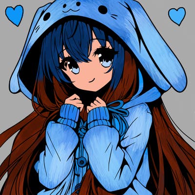 anime character girl with long hair cute bunny hoodie