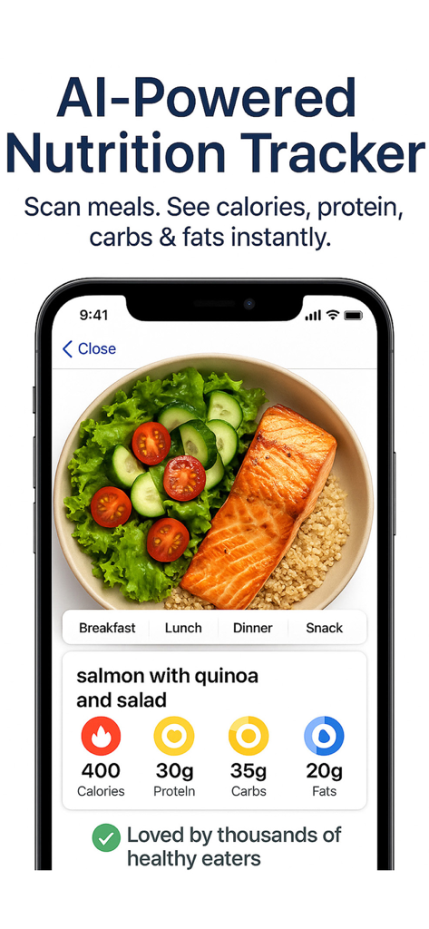 Calorie Tracker AI Food Track - Smartphone-Bildschirm, der den KI-Kalorien-Tracker beim Scannen einer Lachs- und Quinoa-Mahlzeit mit makronährstoffbezogenen Daten anzeigt