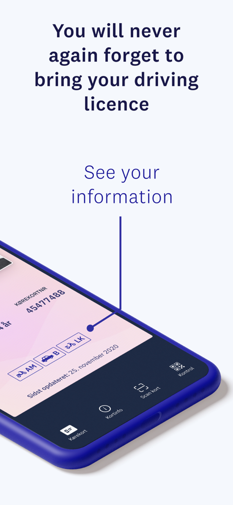 スマートフォンのKørekortアプリのインターフェース、デジタルデンマーク運転免許証を表示