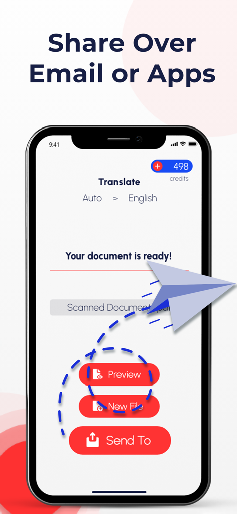 PDF Translate Pro - Schermata dell'app PDF Translate Pro che mostra un documento pronto per la condivisione con opzioni per l'anteprima o l'invio via email e altre app