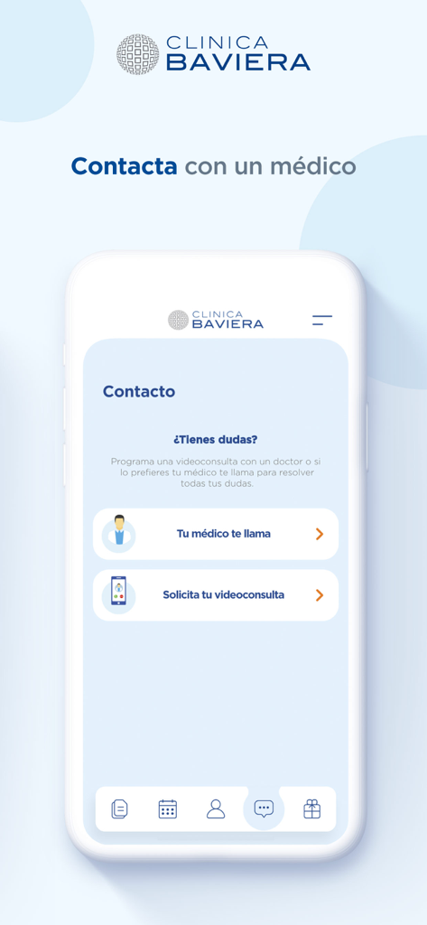 Área paciente Clinica Baviera - Clinica Baviera patient app screen showing options to request a doctor call back or a video consultation