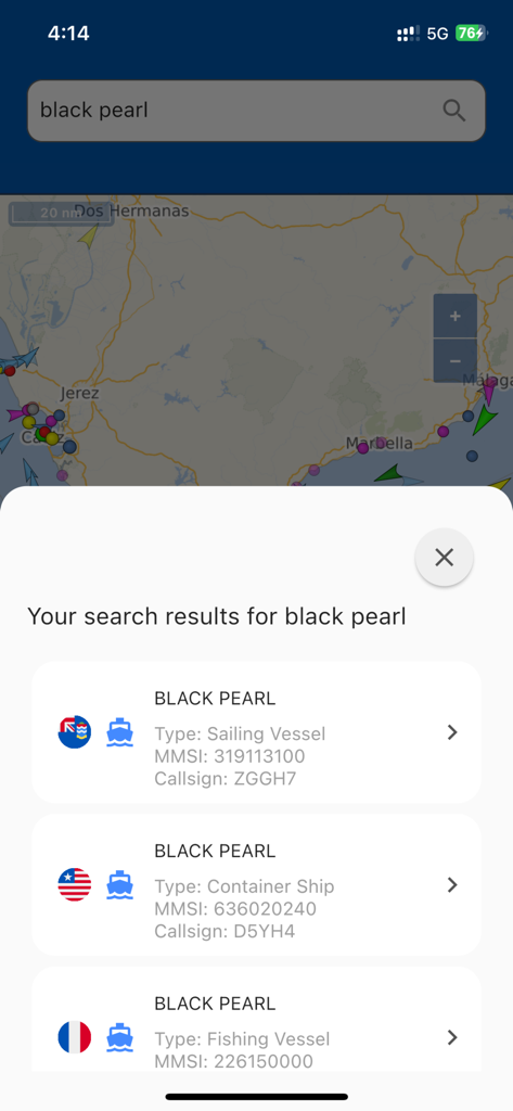 Ship Tracker - Interface do aplicativo móvel mostrando resultados de busca de um navio com mapa e dados marítimos detalhados