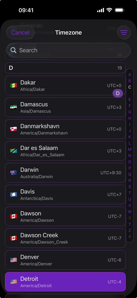 Mojisand: Emoji Sand Timers - A searchable list of global cities and timezones in the Mojisand app with a dark purple aesthetic theme.