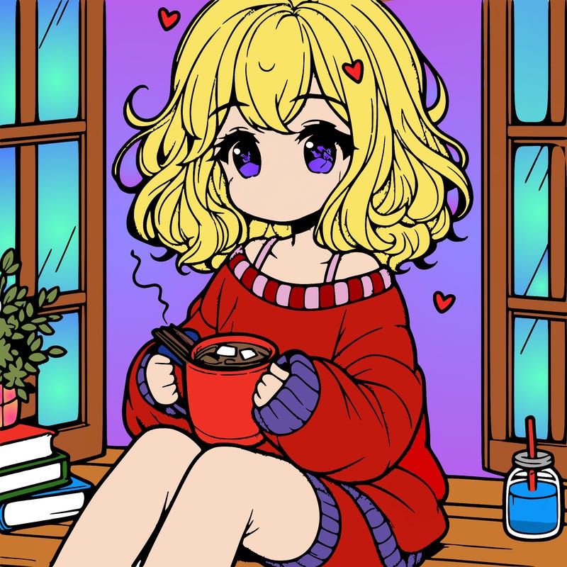 cute anime girl reading book and drinking hot chocolate from mug with loose wavy hair wearing a baggy sweatshirt and shorts sitting by windowsill looking out