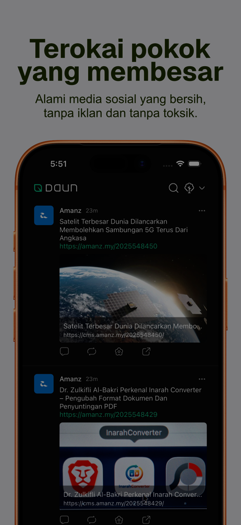 Interfaccia dell'app Daun con un feed di community senza pubblicità e articoli tech
