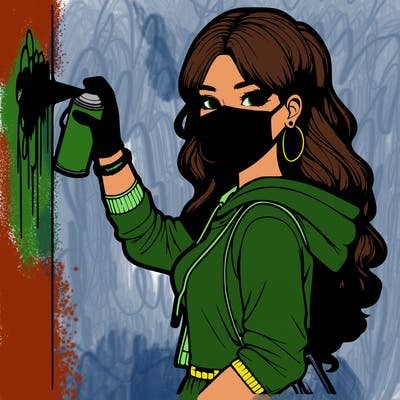 realistic girl with mask spray painting a wall