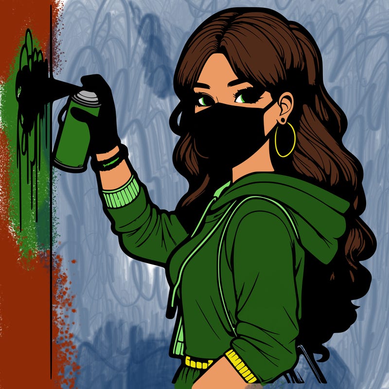 realistic girl with mask spray painting a wall