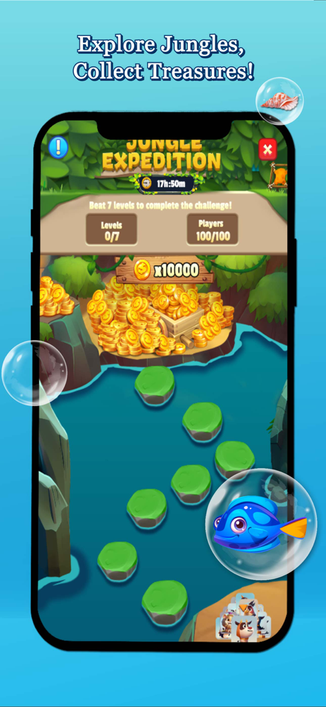 Screw Ocean: Match Revolution - Pantalla del evento Expedición a la Jungla del juego móvil Screw Ocean mostrando una pila de tesoros y escalones sobre el agua