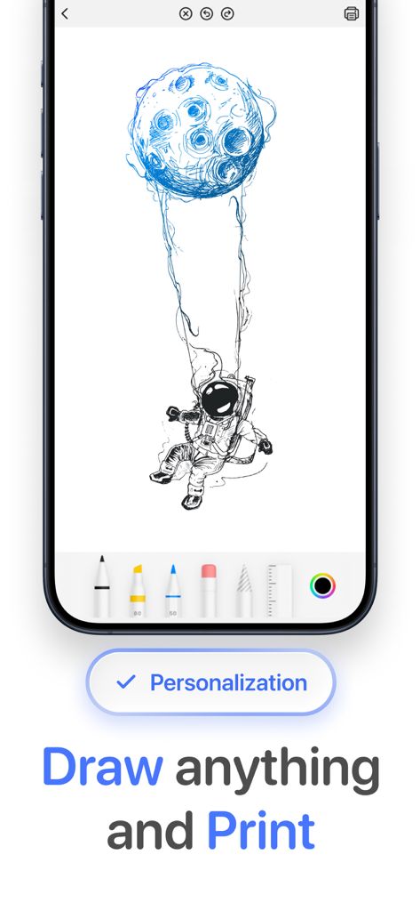 Tela de um aplicativo móvel mostrando um recurso de personalização para desenhar e imprimir um esboço personalizado de um astronauta.