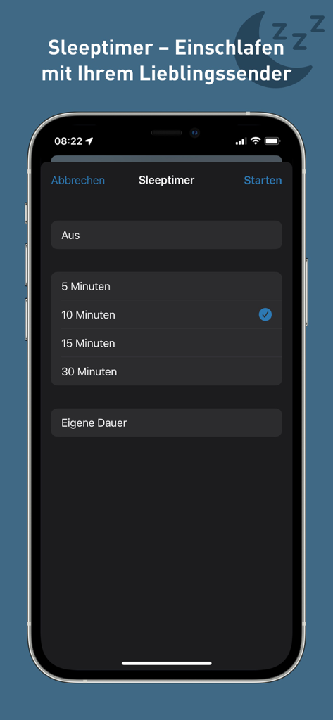 hr-iNFO App - Sleeptimer settings in the hr-iNFO app for choosing a duration to fall asleep to radio content