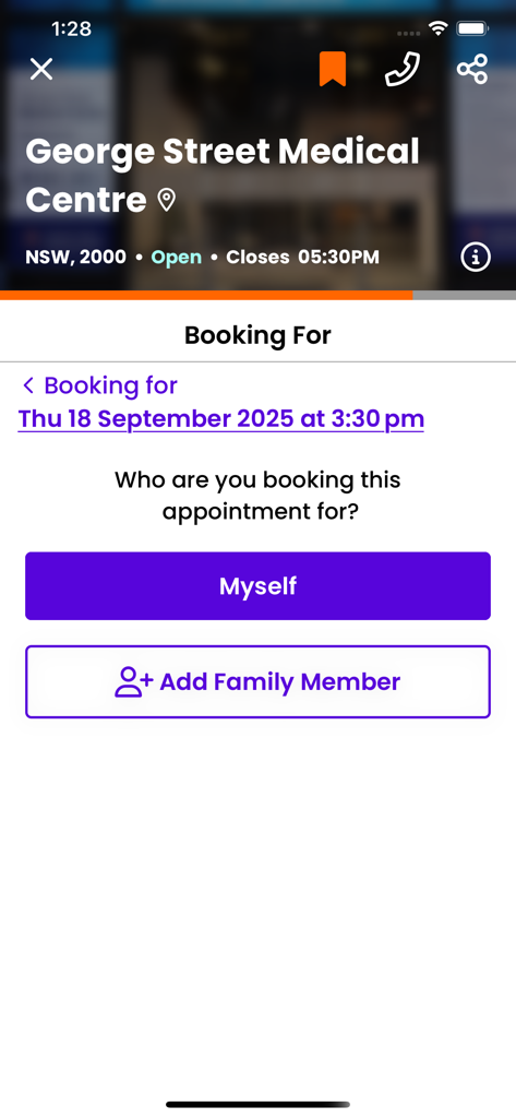 EasyVisit - EasyVisit app interface for selecting whether to book a medical appointment for myself or a family member