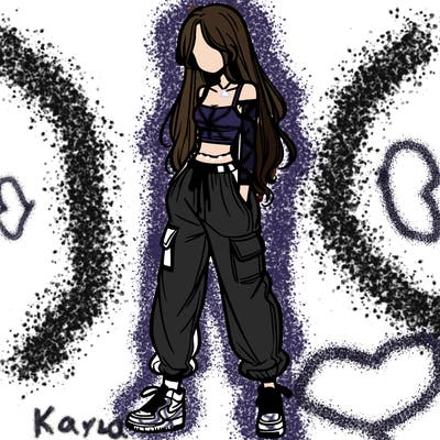 girl in baggy pants crop top and long hair