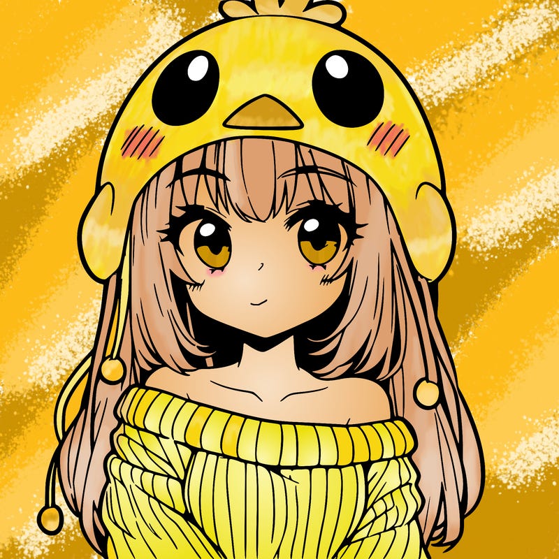 anime girl with chick shaped hat with sweater with bare shoulders with bangs covering them one eye with low tail
