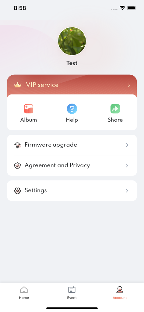 ATOM - スマートライフ - ATOM Smart Lifeアプリのアカウントプロフィール画面。設定とデバイスファームウェアアップデートが表示されています。