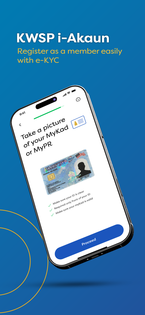 KWSP i-Akaun mobile app registration screen featuring e-KYC and Malaysian ID verification