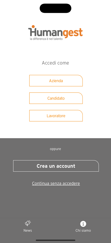 Humangest - Humangest app login screen showing options for companies, candidates, and workers
