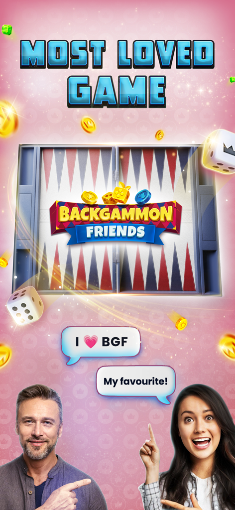 Banner promocional para Backgammon Friends Online mostrando um tabuleiro de gamão e dois jogadores com avaliações positivas