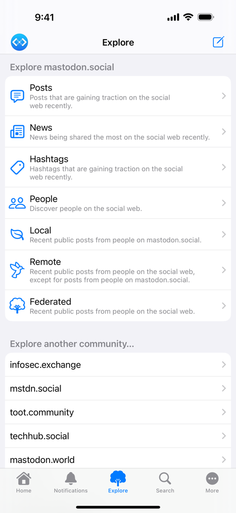 Mona Classic - The Explore screen of the Mona Classic app showing various Mastodon feed categories and a list of community instances.