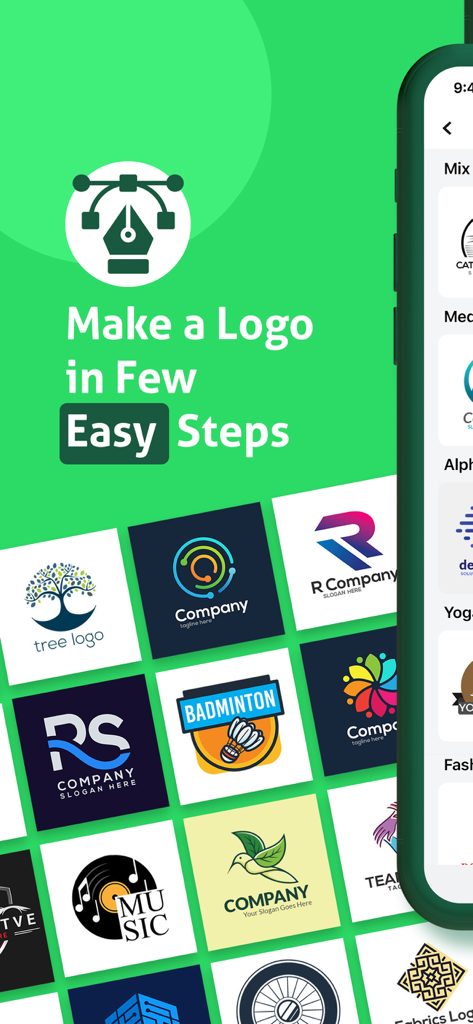 Logo Maker - Logo Creator - Pantalla de smartphone mostrando varias plantillas de diseño de logos de la app Creador de Logos con el texto Crea un Logo en Pocos Pasos Sencillos.