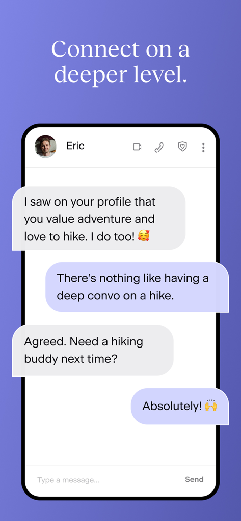 Uma captura de tela do aplicativo de namoro Match mostrando uma interface de chat onde dois usuários estão tendo uma conversa significativa sobre interesses compartilhados como caminhadas.