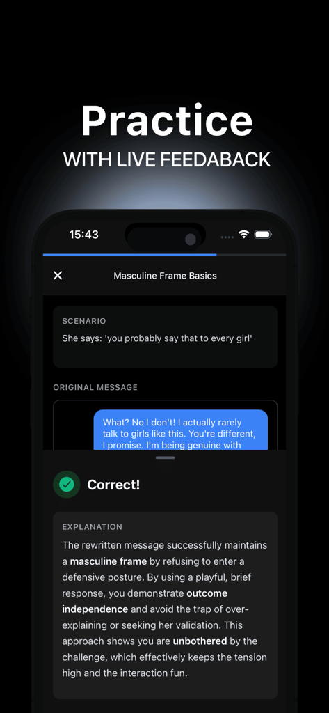 Sauce: Learn to Flirt - Screenshot of the Sauce app showing a dating conversation practice lesson with AI feedback and explanation
