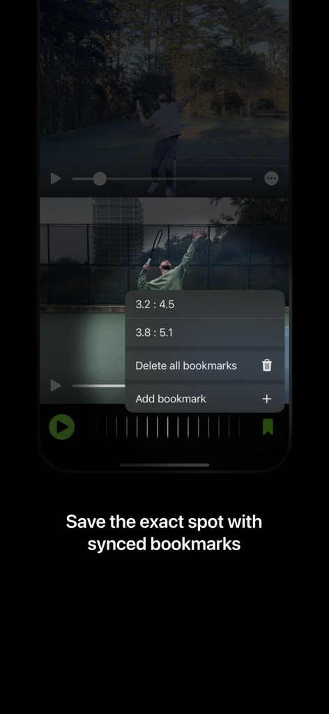 SplitFrame: Perfect Your Game - SplitFrame app interface showing synced bookmarks for side by side video comparison of a tennis serve