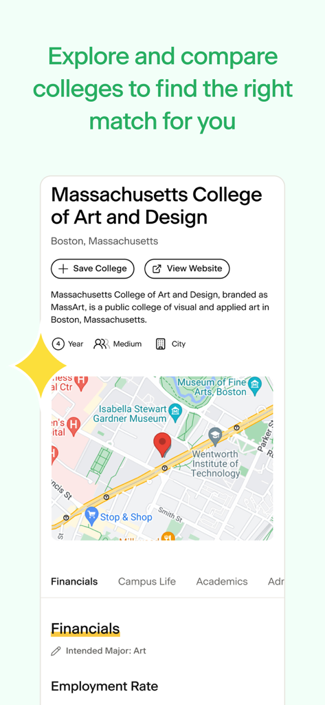 Going Merry Scholarships - A college profile page within the Going Merry app showing financial and campus details for MassArt.