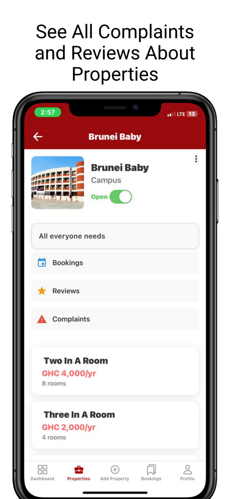 Hostelhubb Admin - Interfaz de la aplicación móvil Hostelhubb Admin que muestra herramientas de gestión de propiedades para reseñas y quejas