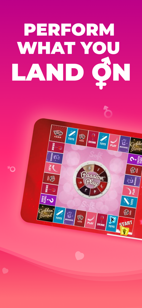 Passion Playカップルアプリのデジタルボードゲームインターフェース。スピニングホイールとアクティビティタイルが特徴