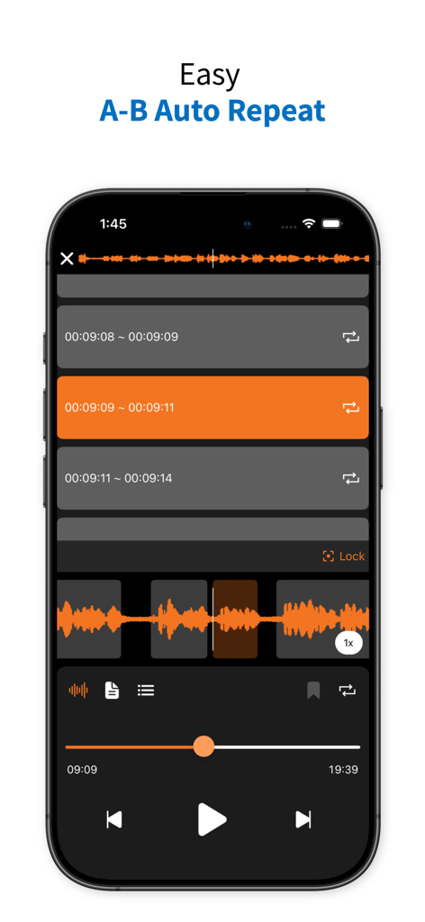 Listen Repeat - AB Repeat - Interfaz de la aplicación Listen Repeat que muestra la función de repetición automática A-B con segmentos de audio resaltados en una forma de onda para la práctica de shadowing en el aprendizaje de idiomas