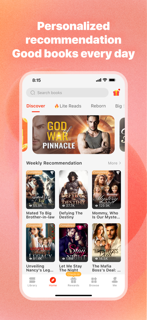 Tapon app home screen displaying personalized novel recommendations and book covers