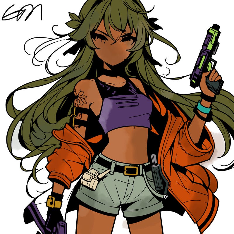 bad girl wearing crop top holding a gun long hair anime