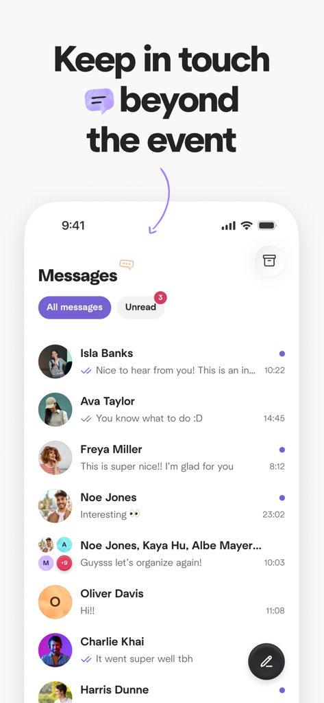Meetup app messaging interface showing a list of private and group chats with the headline Keep in touch beyond the event.
