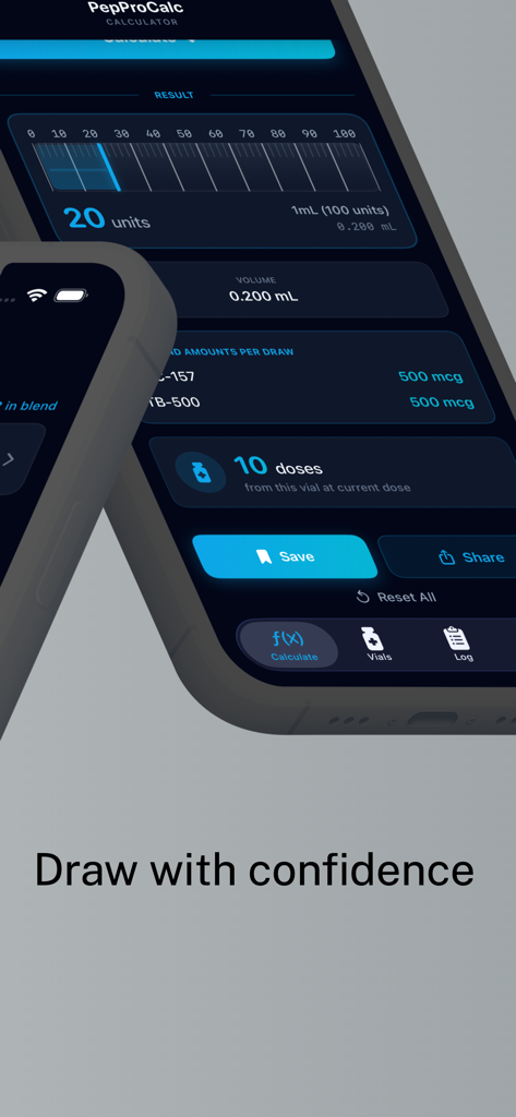 PepProCalc interface showing a 20 unit dosage calculation for BPC-157 and TB-500 peptides.