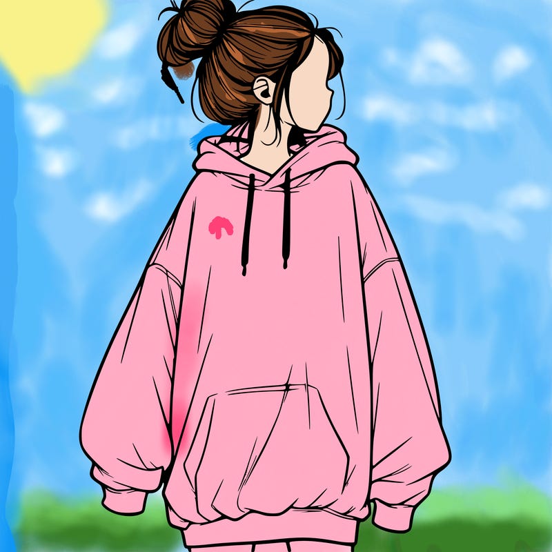 realistic girl with a oversized sweatshirt on and a bun