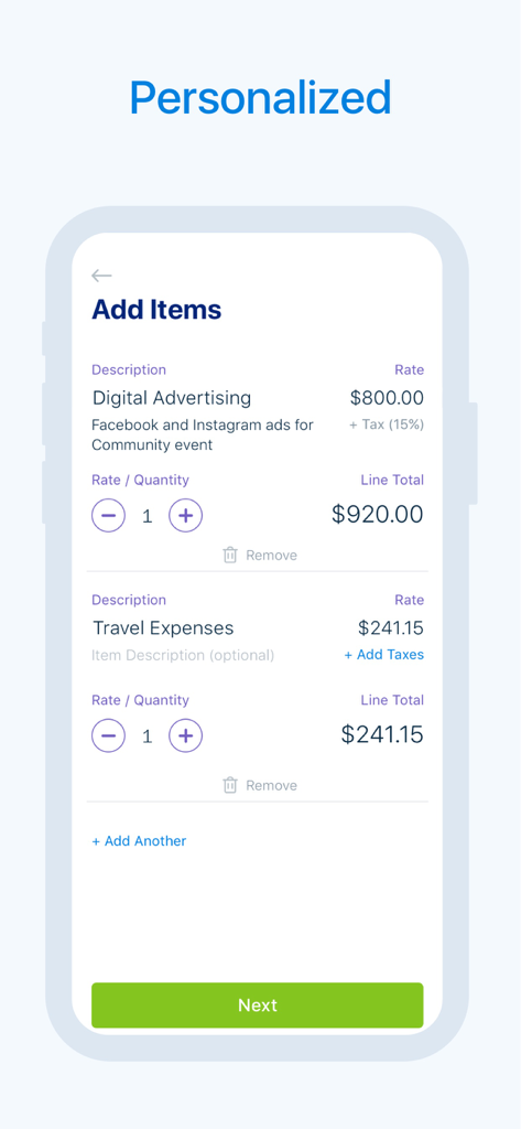 Invoice Creator by FreshBooks - A mobile screen from the Invoice Creator app showing the interface for adding billable items like digital advertising and travel expenses.