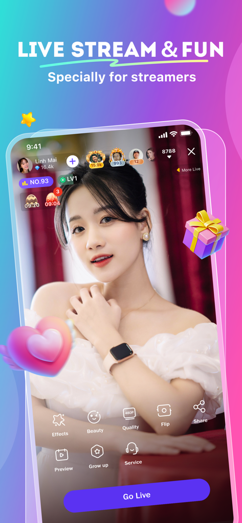 Interfaz de la aplicación móvil Nimo TV para Streamer que muestra herramientas de transmisión en vivo y filtros de belleza.