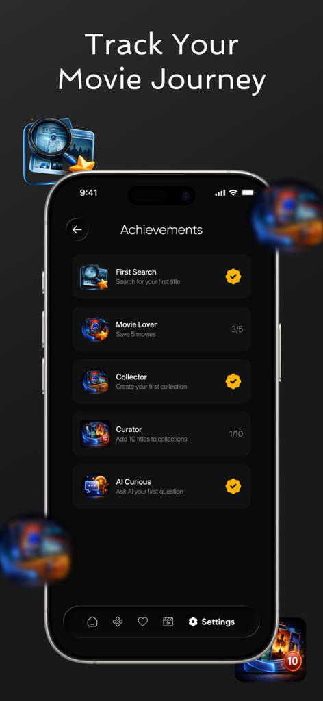 MegaFlix TV - La pantalla de logros de la aplicación MegaFlix TV muestra varios hitos de seguimiento de películas como Coleccionista y Curador