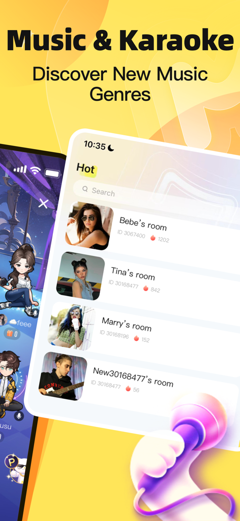 Miya app interface showing a list of hot music and karaoke voice chat rooms