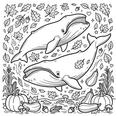 Explore the unique charm of bowhead whales as they journey through a beautifully depicted autumn landscape. This delightful coloring page combines ocean majesty with the cozy ambiance of the fall season, perfect for creative relaxation.
