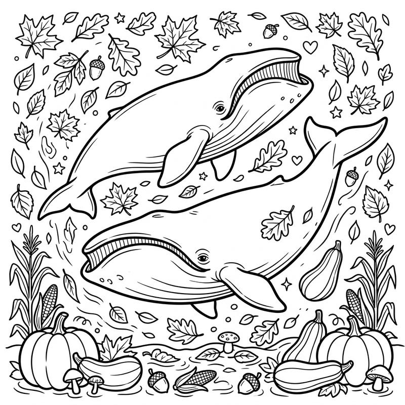 Explore the unique charm of bowhead whales as they journey through a beautifully depicted autumn landscape. This delightful coloring page combines ocean majesty with the cozy ambiance of the fall season, perfect for creative relaxation.