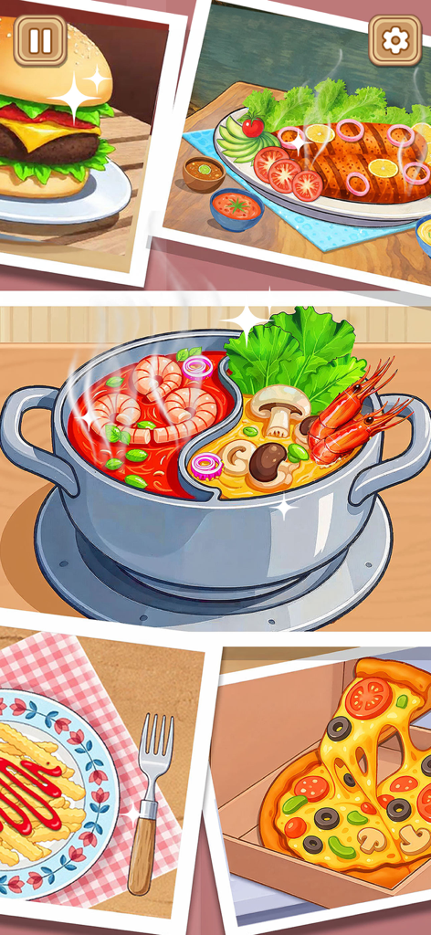 Crazy Kitchen Set Cooking ASMR - Un collage que muestra varios platos coloridos del juego de cocina, incluyendo pizza, hot pot, una hamburguesa y pescado a la parrilla.