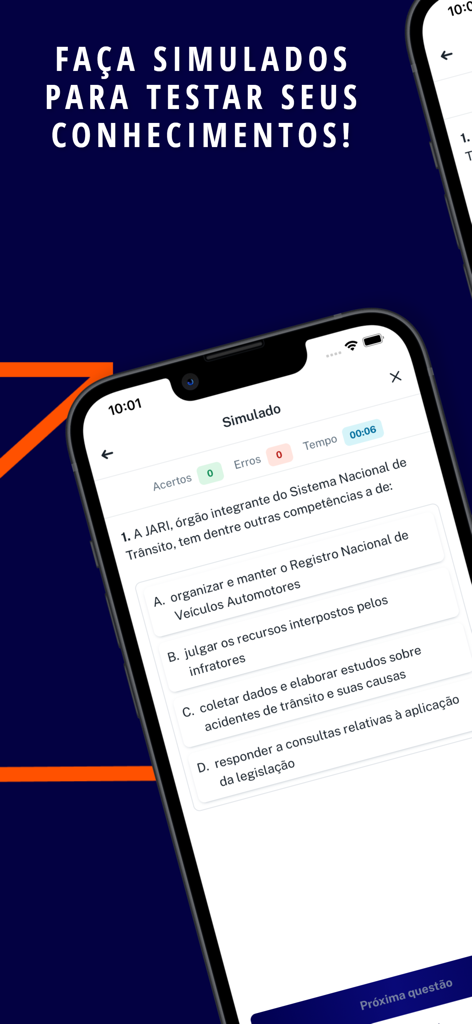 Minha CNH Online App Probetestbildschirm, der eine Multiple-Choice-Frage zum Verkehrsrecht anzeigt