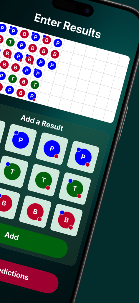 Baccarat AI Predictor - Baccarat AI Predictor app screen showing the result entry grid and roadmap for tracking player banker and tie outcomes
