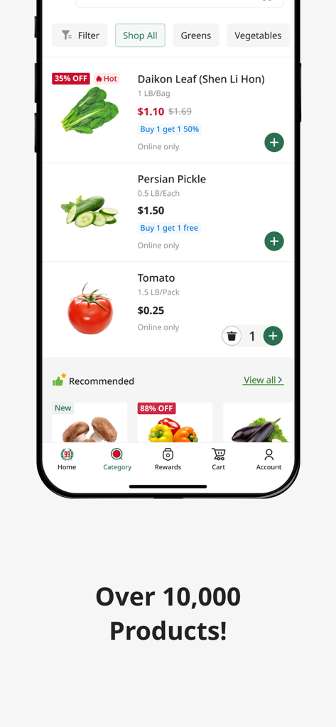 99 Ranch Market: Asian Grocery - Pantalla de la aplicación móvil que muestra una variedad de verduras frescas como Daikon Leaf y Persian Pickle con ofertas de descuento