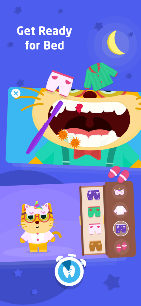 English for Kids: Play & Learn - Kids educational app screen showing a cat character brushing teeth and getting ready for bed.