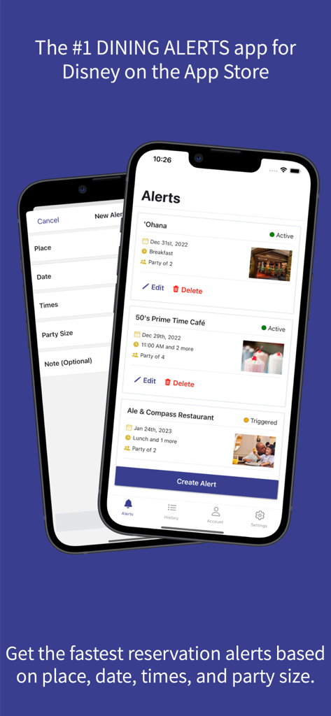 MagicTable app displaying active Disney dining reservation alerts and the interface for creating new dining notifications.