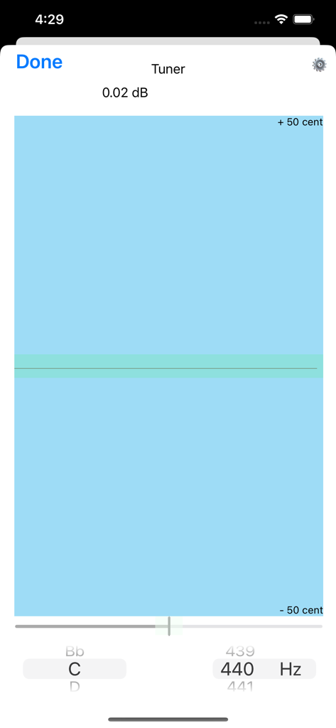 トランペット奏者向けのピッチメーターと周波数設定が表示されたWGWアプリのチューナー・インターフェース